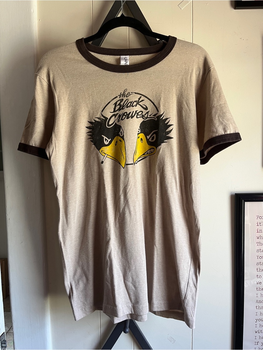 Bella Canvas Beige Ringer Tee with Black and Yellow Black Crowes Logo